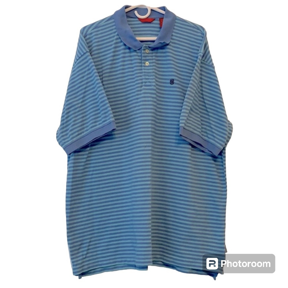 IZOD MENS COLLAR POLO SHIRT COTTON LOGO SHORT SLEEVE BLUE STRIPES MEDIUM